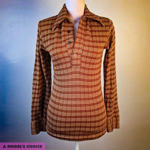 AUTHENTIC VINTAGE 70'S COLLARED PLAID ANDHURST BUTTON TOP SHIRT - WOMENS SMALL